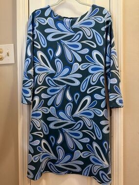 Melly M Blue, Green & White Abstract Bell Sleeve Dress EUC!